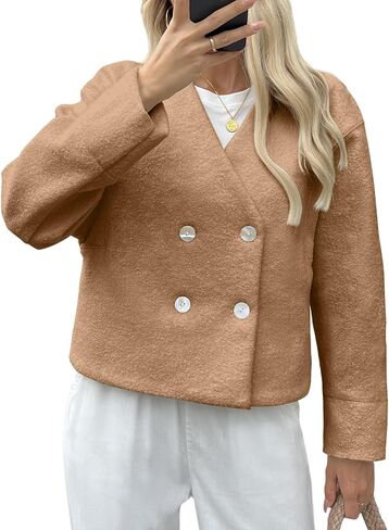 معطف Cicy Bell النسائي القصير Teddy Pea بدون ياقة من مزيج الصوف والصوف سترة قصيرة للعمل ملابس خارجية خريفية غير رسمية in Saudi Arabia