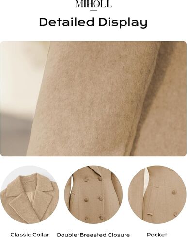 معطف شتوي نسائي من الصوف من MIHOLL، أنيق بياقة مدببة، معطف طويل بأزرار مزدوجة مع جيوب in Kuwait