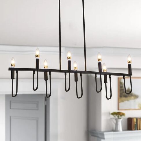 Black Chandelier Modern Farmhouse Chandeliers for Dining Room 8 Lights Candle Chandeliers Rectangular Linear Chandelier for Kitchen Island Lighting Dining Room Light Fixtures Over Table in Saudi Arabia