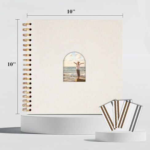Vienrose 10X10 بوصة ألبوم القصاصات DIY ألبوم صور نافذة قوس الكتان 40 صفحة فارغة ألبومات صور القصاصات لحفل زفاف الطفل، بيج in Saudi Arabia