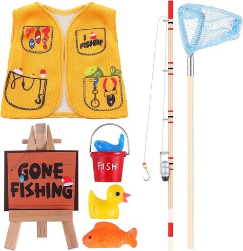 Outus 7 Pcs Christmas Elf Accessories Set Elf Fishing Accessories Elf Prop Include Fishing Rod Elf Vest Fishnet and Fish for Xmas Elf Cloth and Accessories Gifts in Saudi Arabia