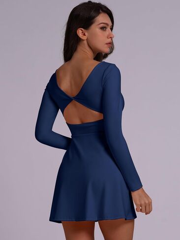 ABOCIW Women's Square Neck Long Sleeve Bodice Dress Twist Back Cutout Flare Mini Dress in Saudi Arabia