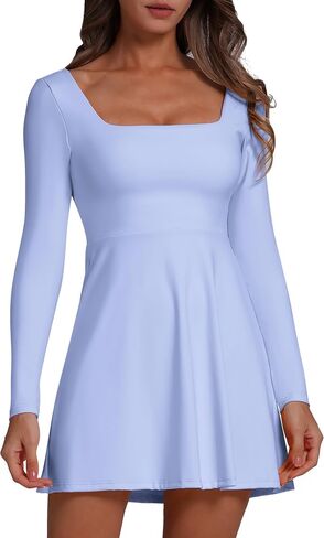 ABOCIW Women's Square Neck Long Sleeve Bodice Dress Twist Back Cutout Flare Mini Dress in Saudi Arabia