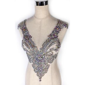 New Gold Silver Rhinestones Bodice and Neck Applique Handmade Glass Crystal Applique Patch for Dress Cloth by Piece (Black)