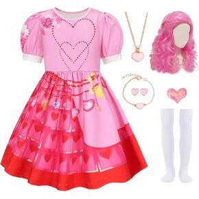 7 Pcs Pink Rise Costume for Girls Red Princess Dress with Wig