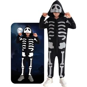 ESHOO Black Halloween Skeleton Costume Kids Girls Boys Hooded Jumpsuit Onesie Halloween Cosplay Outfits 3t 4t 5t 6t 7t 8-12t