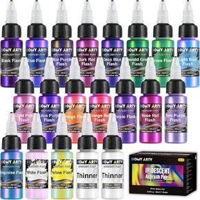 Iridescent Airbrush Paint - 18 Colors with 2 Thinner, Ready to Spray Iridescent Airbrush Paint Set, Water-Based Acrylic Air Brush Paints for Plastic Models, Canvas, Wood - 20 Bottles in Kuwait