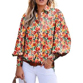 Astylish Women 2024 Loose V-Neck Shirts Paisley Print Lantern Sleeve Blouse Tops