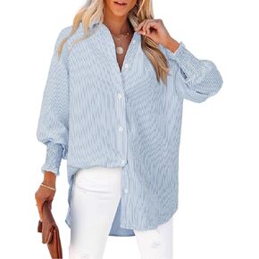 Blue Striped Shirt Women Colorblock Oversized Y2k Button Down Shirts Boyfriends Casual Loose Puff Fall Sleeve Shirts Business Work Tunic Top for Leggings Wrinkle Free Interview Top Office Professional