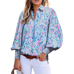 Astylish Women 2024 Loose V-Neck Shirts Paisley Print Lantern Sleeve Blouse Tops
