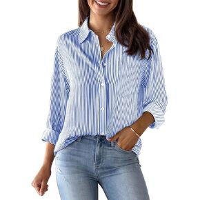 Womens Button Down Shirts Cotton Striped Dress Shirt Long Sleeve Collared Office Work Pinstripes Blouses Tops