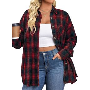 IN'VOLAND Womens Plus Size Flannel Plaid Shirts Roll Up Long Sleeve Casual Collared Button Down Shirt Loose Blouse Top