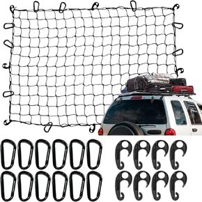 4'x6' Cargo Net with Hooks for SUV RV Roof Rack, Pickup Truck Bed, Trailer, Automotive Heavy Duty Bungee Mesh Net with 12 Metal Carabiners