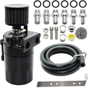 Oil Catch Can, Oil Separator Collection Tank with baffle oil, 300 ml Universal Aluminum, Oil Reservoir with Breather Filter, with high Pressure Hose, Brackets, Silver
