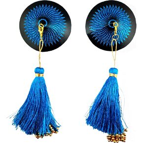 Tassel Pasties - Sun Goddess Blue Reusable Pasties for Lingerie, Burlesque Costumes, Rave Outfits, Carnival - 2Pcs Glitter Pasty Covers with Removable Beaded Tassel, 2.75 “ x 7"
