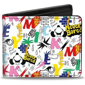 Buckle-Down Men's Disney Wallet, Bifold, Mickey Mouse Journal Doodles Collage White Multi Color, Vegan Leather, 4.0" x 3.5"