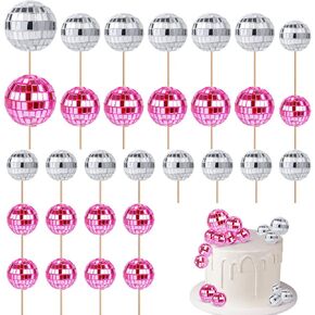 30pcs Disco Ball Cupcake Toppers, 70s Retro Cake Decorations with Stick Shiny Mini Disco Ball Picks Disco Theme Party Supplies for Dessert Birthday Decorations Ornament Small (Pink, Silver)