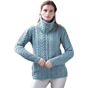 Aran Crafts Irish Women's Double Collar Zip Cardigan (100% Merino Wool)