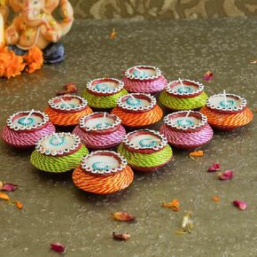TIED RIBBONS 12 pcs Handmade Clay Diya for Diwali, Wax Filled | Traditional Homemade Diyas Tealight | Indian Oil Lamp | Diwali Decorations for Home | Terracotta Diyas | Matki Diya | Diwali Gifts