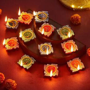 TIED RIBBONS 12 pcs Handmade Clay Diya for Diwali, Wax Filled | Traditional Homemade Diyas Tealight | Indian Oil Lamp | Diwali Decorations for Home | Terracotta Diyas | Swastik Diya | Diwali Gifts