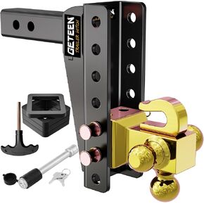 Anti-Rattle Adjustable Trailer Hitch with Hook, Tri-Ball (1-7/8", 2", 2-5/16") Drop Hitch(15,000LBS MAX GTW), Fits 2 Inch Receiver, 8" Drop Down Hitch, Solid Ball Mount, Gold