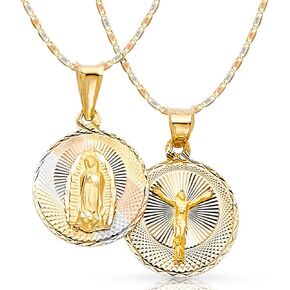 14K Tri Color Gold Diamond Cut Double Side Stamp Virgin Mary & Jesus Charm Pendant with 2.1mm Valentino Chain Necklace