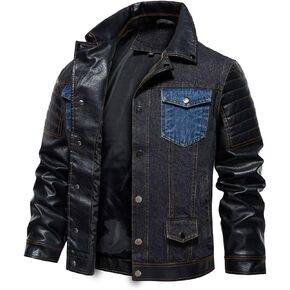 FTIMILD Mens Denim Jacket Block Pu Leather Full Zip Up Motorcycle Jacket Casual Jean Jacket with Multiple Pockets
