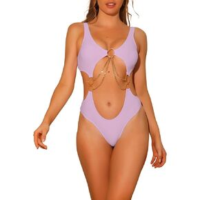 Women's Gold Chain Swimsuits V Neck Monokini, One Piece Cut Out Swimwear Bathing Suit
