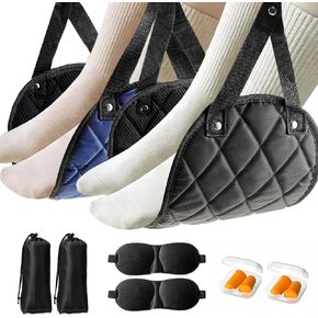 Airplane Foot Hammock 2 Pack, Length Adjustable Foot Rest for Plane Travel, Under Desk Flight Foot Leg Sling, Portable Travel Footrest, Travel Essentials Comfy Foot-Black & Blue
