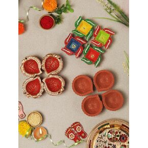 Handmade Terracotta Set of 12 Multicolor Clay Diya for Diwali/Navratri Decorations Oil Lamp Diwali Clay Diya Tea Light Holder Indian Festival Diyas for Pooja & Diwali Decorations | TRBD12M-02