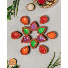 Set of 12 Diwali Wax Diya Decoration Item Gift Terracotta Colorful Handmade Decorative Clay Diya Wax Lamp Diwali Gift Box Navratri Puja Festival Lighting Indian Oil Lamp