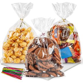 NPLUX 100 Pack Cellophane Bags Small Plastic Cookie Bags Clear Treat Bags with Twist Ties for Small Gift Party Favors,Bakery,Candy,Popcorn(6×10In)