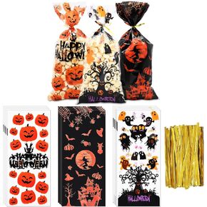 150 Pieces 3 Designs Halloween Candy Bags Treat Bags with Twist Ties, Pumpkin Witches Happy Halloween Clear Cellophane Goodie Snack Bags for Kids Boys Girls Trick or Treat Party Favor Decorations