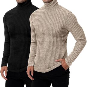 Riyiper 2 Pack Men's Ribbed Turtleneck Sweaters, Long Sleeve Pullover Tops Slim Fit Thermal T-Shirts Base Layer Basic Jumper