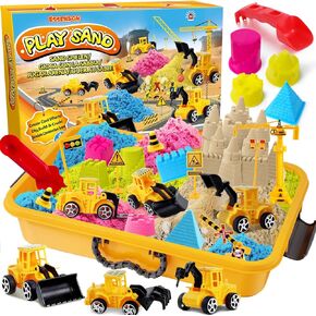 ESSENSON Sensory Bin - Play Sand Kit with Construction Set Toy Truck and 4lbs Magical Sand, Pretend Play Beach Sensory Toy Sandbox, Kids Gifts for Girls and Boys