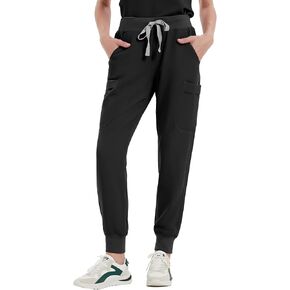 Medical Scrub Pants for Women - Mid-Rise Stretch Anti-Wrinkle Slim Fit Jogger Pants with Waist Drawstring & 6 Pockets