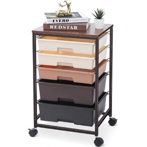 Utility Cart with 5 Drawers,Storage Drawer Cart with Wooden Tabletop and Lockable Wheels,Craft Storage Trolley Cart,5-Tier Rolling Utility Cart on Wheels,Dark Grey