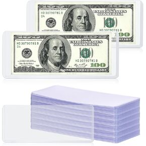 Hipiwe 50 PCS Dollar Bill Holders PVC Currency Sleeves Clear Plastic Top-Load Sleeves Transparent Money Bill Display Protector Sleeves for Regular Bills Banknotes Stamp Paper Money Collectors