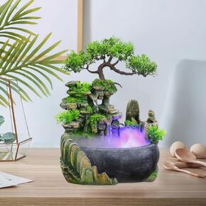 11" Mini Desktop Waterfall Bonsai Rock Fountain with LED Lights and Atomizer - Artificial Tabletop Decor, Small Rockery Fountain with Air Purifying & Humidifying Features for Home and Office Decor