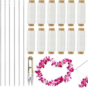 19 PCS Lei Needle Kit Include 6 PCS 12 Inch Graduation Large Eye Lei Sewing Needle 12 Lei Needle Twine 1 Sewing Scissor for DIY Graduation Hawaiian Lei Flowers Wreath Sewing Bead Stitch Craft