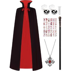 Oumbivil Halloween Vampire Costume Reversible Cloak Witch Cape Unisex Adult Collar with Necklace Scepter Teeth Tattoo Sticker