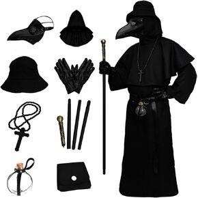 YoleShy 8 in 1 Plague Doctor Costume Set Cloak Scary Halloween Costumes Props Party Medieval Monk Priest Renaissance Cosplay