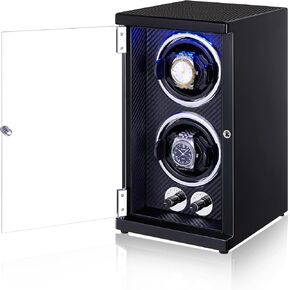 JQUEEN Automatic Double Watch Winder, Black Carbon Fiber Vertical Winding Quiet Motor Watch Winders, Open Lid Self-Stop Watch Box