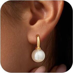 Gold Pearl Dangle Earrings for Women, Trendy 14K Gold Plated Hoop Earrings Dainty Pearl Drop Tiny Hoop Stud Earrings Cute Simple Gold Hypoallergenic Lightweight Jewelry Gifts for Women