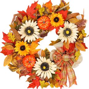 Fall Wreaths for Front Door, 24 Inch Fall Wreath with Artificial Sunflowers Pumpkins Berries Maple Leaves, Autumn Door Wreath for Thanksgiving Harvest Decorations Indoor Outdoor