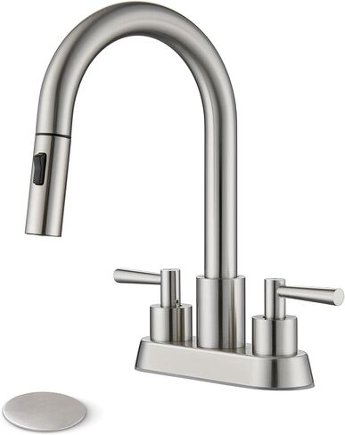 Bathroom Sink Faucet with Pull Down Sprayer 2 Handles, Matte Black Bathroom Faucet 3 Holes, 4 Inch Black Faucet Bathroom with 360 Degree Swivel Spout, Pop Up Drain Assembly Included in Saudi Arabia