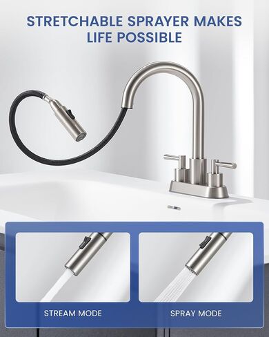 Bathroom Sink Faucet with Pull Down Sprayer 2 Handles, Matte Black Bathroom Faucet 3 Holes, 4 Inch Black Faucet Bathroom with 360 Degree Swivel Spout, Pop Up Drain Assembly Included in Saudi Arabia