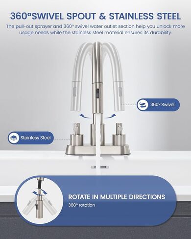 Bathroom Sink Faucet with Pull Down Sprayer 2 Handles, Matte Black Bathroom Faucet 3 Holes, 4 Inch Black Faucet Bathroom with 360 Degree Swivel Spout, Pop Up Drain Assembly Included in Saudi Arabia