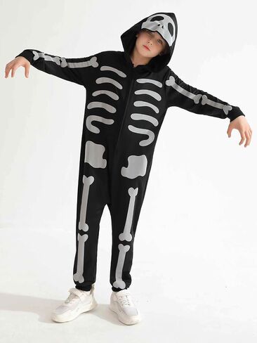 ESHOO Black Halloween Skeleton Costume Kids Girls Boys Hooded Jumpsuit Onesie Halloween Cosplay Outfits 3t 4t 5t 6t 7t 8-12t in Saudi Arabia
