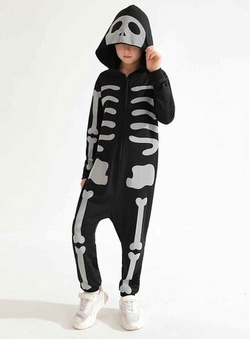 ESHOO Black Halloween Skeleton Costume Kids Girls Boys Hooded Jumpsuit Onesie Halloween Cosplay Outfits 3t 4t 5t 6t 7t 8-12t in Saudi Arabia